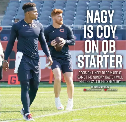  ?? NAM Y. HUH/AP ?? The Bears are playing it close to the vest as to whether veteran Andy Dalton (left) or rookie Justin Fields will start on Sunday afternoon against the Lions.