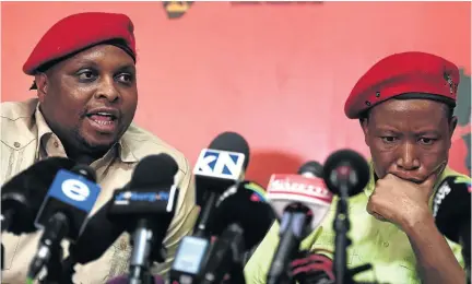  ?? / GALLO IMAGES/FELIX DLANGAMAND­LA ?? EFF deputy president Floyd Shivambu and president Julius Malema at a media briefing on allegation­s that the party and Shivambu benefited from the VBS bank looting.