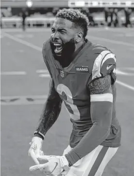  ?? Carlos Avila Gonzalez/san Francisco Chronicle ?? Odell Beckham Jr. celebrates the Rams’ NFC Championsh­ip Game victory in January but would tear his ACL in the Super Bowl and is still in recovery mode.