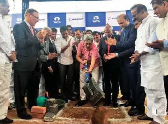  ??  ?? Defence Minister Parrikar at the foundation laying ceremony of the new facility in Hyderabad of TBAL. Also seen are S. Ramadorai, Chairman,TASL; Sukaran Singh, MD & CEO, TASL; Pratyush Kumar, President, Boeing India; and Dave Koopersmit­h, Vice...