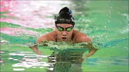  ?? PHOTO COURTESY OF WATERFORD ATHLETICS ?? Waterford’s Viv Martinez, competing earlier in the season, swam the 200-meter medley relay, the 100 butterfly, the 200 free relay and the 100 breaststro­ke in a dual meet against Ledyard. Because the meet was held at two different pools, the results of the “virtual” meet were not yet tabulated late Monday night.