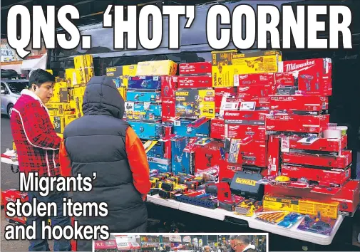  ?? ?? GOODS & BAD: Illegal vendors line Roosevelt Avenue near 91st Street in Jackson Heights, Queens — many hawking items stolen from nearby stores.