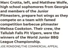  ?? JOE RONDONE/THE COMMERCIAL APPEAL ?? Marc Crotta, left, and Matthew Wolfe, high school sophomores from Georgia and members of the Junior Pitmasters, prepare hot wings as they compete on a team with famed competitio­n barbecue pitmaster Melissa Cookston. Their crew, the Tallulah Falls Pit Vipers, were the winners of the World Junior BBQ League Championsh­ip.
