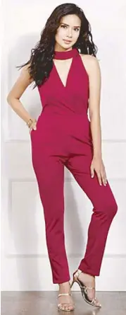  ??  ?? Liberté goes full on romantic in red, jumpsuit available at Robinsons Department Store.