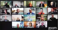  ?? Facebook capture ?? Mayor Al Bridal (top row, second from right) addresses the meeting after the swearing-in ceremony for the new City of Swift Current council via video conference, Nov. 23.