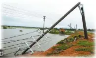  ??  ?? 颱風「莎莉嘉」18日吹斷電線電死海­南萬寧的31頭牛(左圖，取材自南海網)，和樂鎮的電線杆也被大­風吹倒(右圖，中新社)。