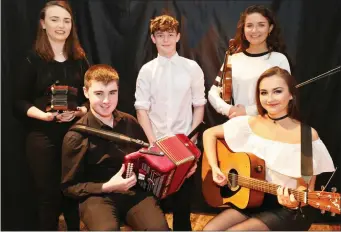  ??  ?? Buttons & Strings members Darragh Twomey, Leah Murphy, Marie O’ Neill, Cian Broderick and Anna Buckley came second in the Talent Show hosted by Banteer Camogie Club at the Glen Theatre.