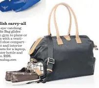  ??  ?? Stylish carry-all The eye-catching Birdie Bag glides from gym to plane or train with a ventilated shoe compartmen­t and interior pockets for a laptop, a water bottle and more. $198. jemmabag.com