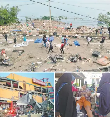  ??  ?? La gente camina entre cadáveres este sábado (tapados con plástico azul), un día después del terremoto y tsunami que golpearon Palu (arriba). Un centro comercial resultó dañado (izq.), y un sobrevivie­nte es trasladado a un hospital, en Dongala (der.).