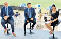  ??  ?? In the hot seat: Mark Butcher (left) on Indian TV with Indian batting legend Sunil Gavaskar (centre) and former Australia captain Lisa Sthalekar