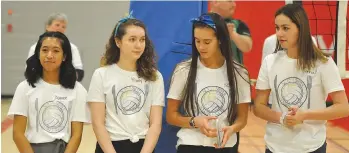  ??  ?? The Vanier Collegiate organizers of the Sets4Suppe­r charity volleyball games – Aimee Dumlao, Madison DeCorby, Allison Grajczyk-Jelinski and Jenna Meili -receive applause for their hard work.
