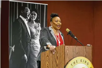  ?? ALYSSA POINTER / ALYSSA.POINTER@AJC.COM ?? Bernice King, younger daughter of the late Martin Luther King Jr., announces plans for the celebratio­n of her father during a Jan. 9 news conference at the King Center in Atlanta’s Historic Sweet Auburn District. Her mother establishe­d the King Center weeks after her father’s death.