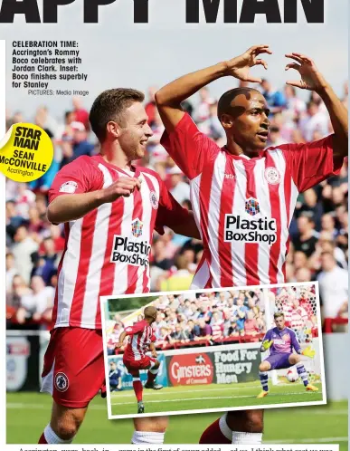  ?? PICTURES: Media Image ?? CELEBRATIO­N TIME: Accrington’s Rommy Boco celebrates with Jordan Clark. Inset: Boco finishes superbly for Stanley