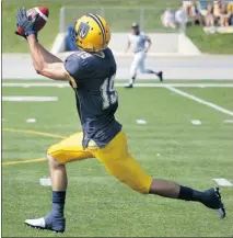  ?? DAX MELMER/THE Windsor Star ?? Lancers wide receiver Jordan Brescacin makes a catch against
the Ottawa Gee-Gees in the season opener at Alumni Field.