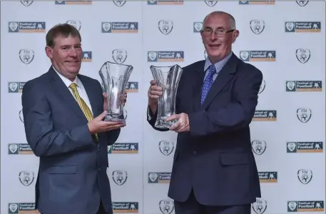  ?? Photo by Matt Browne/Sportsfile ?? Sean O’Keeffe and Mike Rice from Asdee Rover with their John Sherlock award for services to football at the FAI Communicat­ions Awards & Delegates Dinner at Hotel Kilkenny in Kilkenny in 2017
