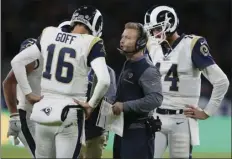  ??  ?? In this Oct. 22 file photo, Los Angeles Rams head coach Sean McVay speaks with quarterbac­k Jared Goff during the first half of an NFL football game against Arizona Cardinals at Twickenham Stadium, in London. AP PHOTO/TIM IRELAND