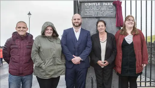  ??  ?? Family of Seamie O’Boyle - Seamie O’Boyle Jnr, Jane O’Boyle, Gino O’Boyle, Mairead O’Boyle and Katie O’Boyle at the naming of O’Boyle Park in Forthill. Pics: Donal Hackett.