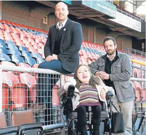  ??  ?? Co-founders of OOVIRT Richard Meiklejohn and Michael Leeland with disability campaigner Claire D’all at Tannadice.