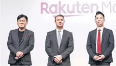  ?? ?? From left, Rakuten Mobile chairman Hiroshi Mikitani, CEO Tareq Amin and president Shunsuke Yazawa attend a news conference in February.