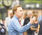  ?? Tyler Sizemore / Hearst Connecticu­t Media ?? Gov. Ned Lamont speaks at the annual Memorial Day Parade in the Glenville section of Greenwich on May 26.