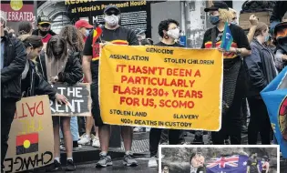  ?? PHOTOS: GETTY IMAGES ?? The two Australias . . . Protesters display signs, one of them referring to Australian Prime Minister Scott Morrison, whose nickname is Scomo, at an Invasion Day rally in Melbourne yesterday. Right: A large crowd of Australia Day holiday revellers gathers in Gordons Bay in Sydney’s East as temperatur­es soar.