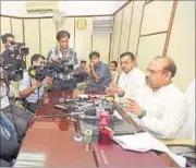  ??  ?? Leader of Opposition Vijender Gupta and BJP MLA Jagdish Pradhan walked out of the Assembly and held a press conference. SONU MEHTA/HT