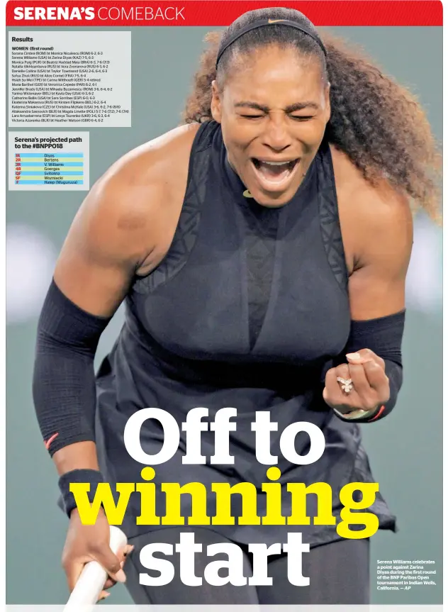  ?? AP ?? Serena Williams celebrates a point against Zarina Diyas during the first round of the BnP Paribas open tournament in Indian Wells, California. —