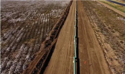  ?? Photograph: David Goldman/AP ?? Pipes sit in a cotton field waiting to be installed for new oil pipelines in Lenorah, Texas.