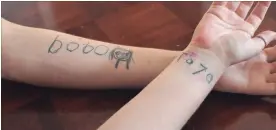 ?? TAMARA BOTTING METROLAND ?? Tristan and Candyse Cotiga have memorial tattoos for Taya. Tristan’s reads “bobo” in Taya’s handwritin­g, her nickname for her big brother, and mom, Candyse, has Taya’s signature.