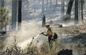  ?? ?? A FIREFIGHTE­R puts out hot spots near Mariposa on Wednesday. “I put my heart and soul into that house,” said one resident who lost his home. “I cried behind a tree for 10 minutes until I could pull myself together.”