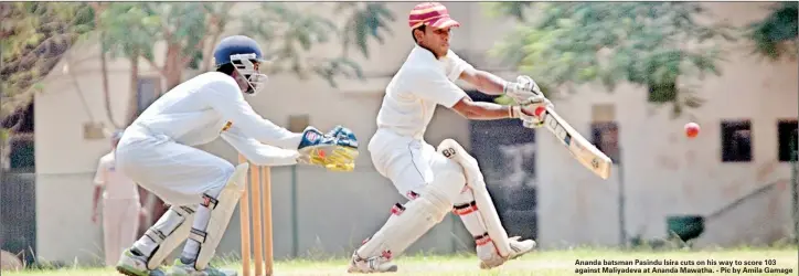  ??  ?? Ananda batsman Pasindu Isira cuts on his way to score 103 against Maliyadeva at Ananda Mawatha. - Pic by Amila Gamage