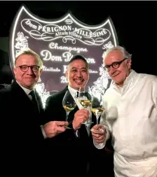  ??  ?? CHEERS! Dining content director Don Mendoza, flanked by Dom Pérignon’s Richard Geoffroy (left), and chef Alain Ducasse (right), clearly found his passion at the Dom Pérignon P2 2000 dinner in Beijing, p.116