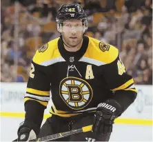  ?? AP PHOTO ?? OUT AGAIN: The Bruins will be without David Backes for approximat­ely eight weeks after the forward undergoes surgery today to remove part of his colon.