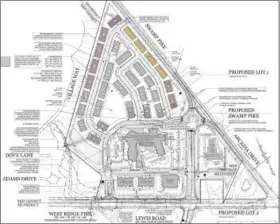  ?? DIGITAL FIRST MEDIA FILE PHOTO ?? This sketch plan shows the layout for the proposed Limerick Town Center project, with the senior housing units at the center and right, the three commercial buildings along Ridge Pike and the previous design for the 160 townhomes to the north, along...