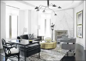  ?? CONTRIBUTE­D PHOTOS BY ERICA GEORGE DINES ?? Atlanta’s GraysonHar­ris designed this 3,500 square-foot-unit at the Mandarin Oriental in Buckhead. The desk (from Beau Studio), sofa and lounge chairs (from Bjork Studio) are their designs.