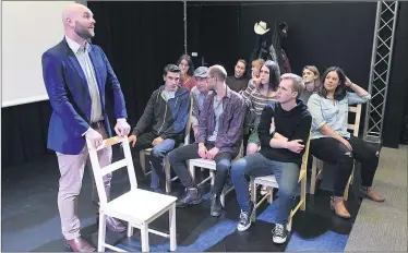  ??  ?? DRAMATIC THEATRE: Smart Artz Theatre will present three performanc­es of The Laramie Project next month. The 11-person cast includes Beau Ladlow, standing, as the judge. Picture: PAUL CARRACHER