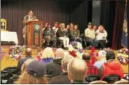  ?? PHOTO BY ANITA GARNETT ?? Residents gathered to honor Len Dube during Torrington’s annual Memorial Day ceremony in the Coe Memorial Park Civic Center.