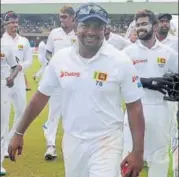  ?? AFP ?? Sri Lanka captain Rangana Herath after leading his team to victory in the opening Test against Bangladesh in Galle on Saturday.