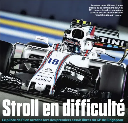  ?? PHOTO AFP ?? Au volant de sa Williams, Lance Stroll a dû se contenter des 17e et 16e chronos, lors deux premières séances d’essais libres du Grand Prix de Singapour.