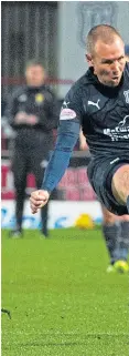  ?? Pictures: SNS. ?? Kenny Miller, right top, scores the opening goal and completes his hattrick late in the second half; scorer Jesse Curran, left, is tackled by Accies’ Scott McMann.