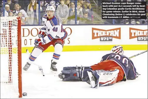  ?? GETTY & AP ?? Michael Grabner caps Ranger comeback with just 16.5 seconds left by beating Columbus goalie Curtis McElhinney for game-winner. Earlier in third, Adam Clendening (below l.) celebrates his goal with teammate J.T. Miller.