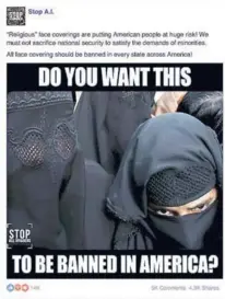  ??  ?? Detengan a todos los invasores se llama el grupo que llama a prohibir la burka en Estados Unidos.