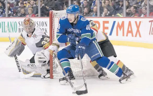  ?? RICH LAM/GETTY IMAGES ?? Forward Brendan Gaunce of the Vancouver Canucks looks to get a shot on goalie Maxime Lagace of the Vegas Golden Knights on Thursday at Rogers Arena.