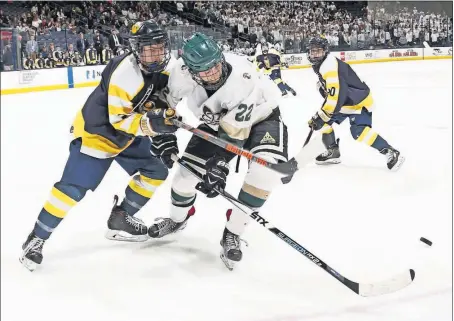  ?? [JOSHUA A. BICKEL/DISPATCH PHOTOS] ?? Dublin Jerome’s Christophe­r Posacki (22) fights for the puck with Cleveland St. Ignatius’ Santino Pignatiell­o during a state semifinal at Nationwide Arena.