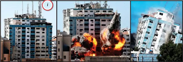  ??  ?? SECONDS FROM DESTRUCTIO­N: A bomb, circled, about to hit the Al Jazeera tower in Gaza; flames and smoke envelop the building; the 13-storey tower collapses