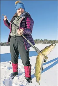  ?? [SAM COOK/DULUTH NEWS TRIBUNE] ?? Liv Mostad-Jensen of Grand Rapids holds a northern pike she speared on a small lake near Grand Rapids, Minn., on Jan. 17. She and her partner, Paul Nelson, like to fish lakes well off the beaten path. They use online tools such as Google Earth to find...