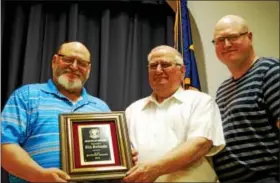  ?? LISA MITCHELL - DIGITAL FIRST MEDIA ?? The 2018 Kutztown Granger of the Year Award was presented to life-time Grange member Nick Sattazahn, left. On right is Kutztown Grange Master Kenneth Dietrich. Far right, Nick’s son Josh Sattazahn, Grange Assistant Steward, presented the award to his...