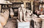  ??  ?? Pompeii’s most compelling scenes are its (permanent) residents, whose plaster-cast remains are amazingly detailed, revealing clothing features and facial expression­s.