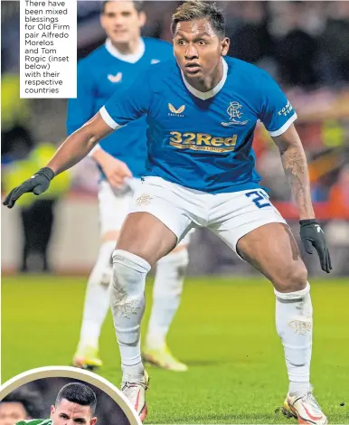  ?? ?? There have been mixed blessings for Old Firm pair Alfredo Morelos and Tom Rogic (inset below) with their respective countries