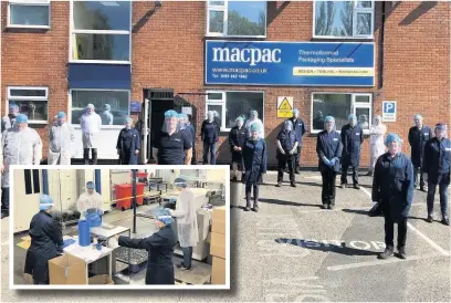  ??  ?? ●●Staff at Macpac in Heaton Mersey have developed and are now producing thousands of face visors (inset) to protect frontline workers against coronaviru­s